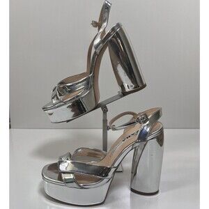 Zara Womens Platform High Heels Ankle Strap Silver 6 New Years Eve Party Retro